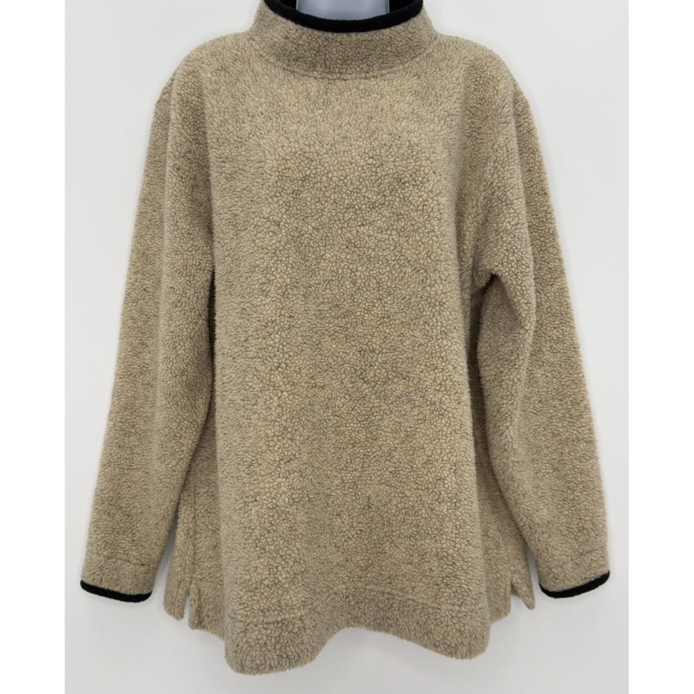 LL Bean Womens L Fleece Pullover Beige Teddy High Pile Mock Neck Outdoor